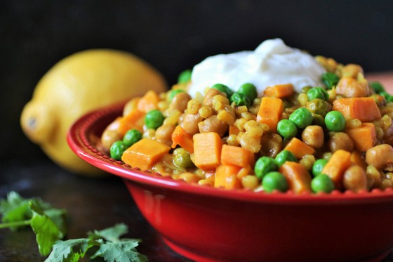 bowl of sweet potato chickpea stew with barley